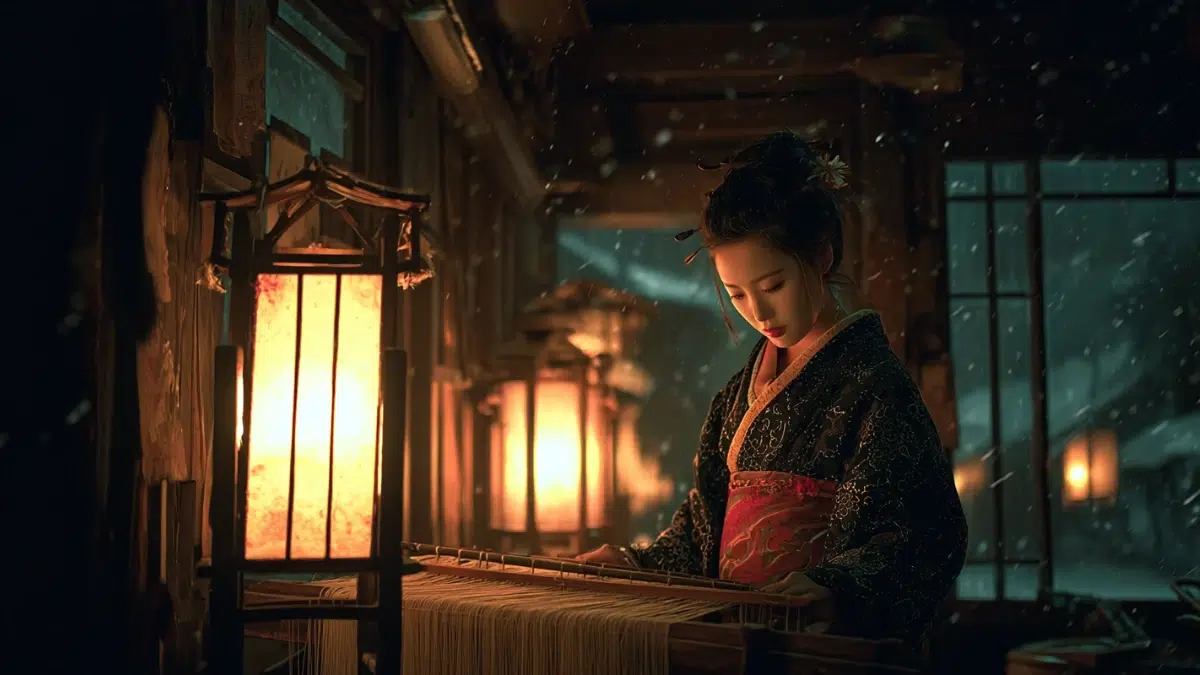 A beautiful woman secretly weaving glowing silk at a traditional Japanese loom inside a dim wooden room, threads shining like moonlight, warm lantern light illuminating the loom