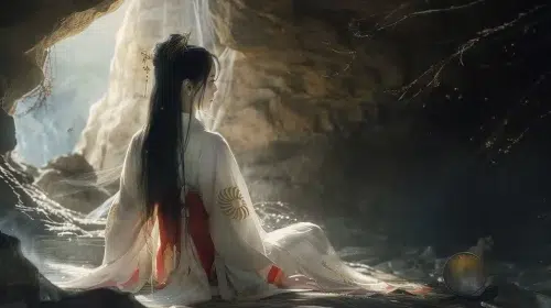 Amaterasu, Japanese sun goddess, seated inside a dark stone cave, soft golden light faintly glowing from her body, long flowing black hair, elegant white and red Heian-era robe