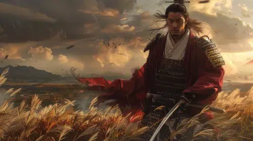 Yamato Takeru, legendary Japanese prince and warrior, standing in a windswept field at dusk, holding the sacred sword