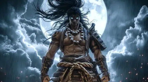 storm god warrior standing beneath a full moon, glowing blue eyes, long wild black hair flowing in wind, muscular build wearing layered samurai-inspired armour with prayer beads necklace, lightning cracking across the sky