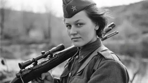 Black and white WWII photograph of a young Soviet female sniper standing outdoors holding a scoped Mosin-Nagant rifle, 1940s Eastern Front setting, Red Army uniform with side cap bearing a star insignia, short wind-swept hair